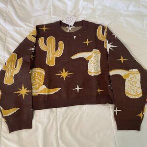 New with Tags Baevely Cropped Brown Sweater Cactus & Cowgirl Boots Size Medium